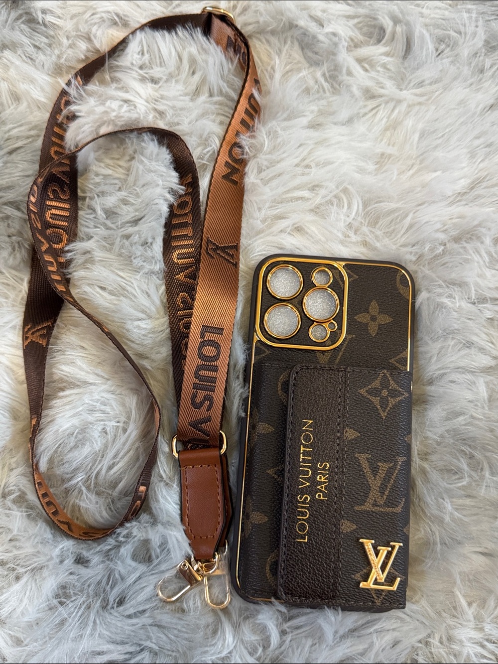Brown iPhone 15 pro max Monogram Phone Case with crossbody Strap unknown source